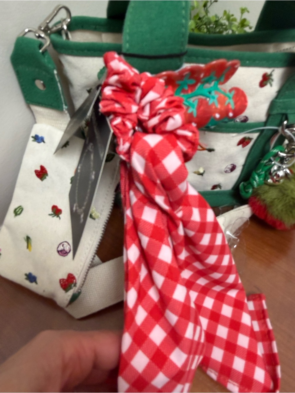 Madden Girl Green and Cream Embroidered Tote with Red Gingham Scarf - Picture 6 of 9